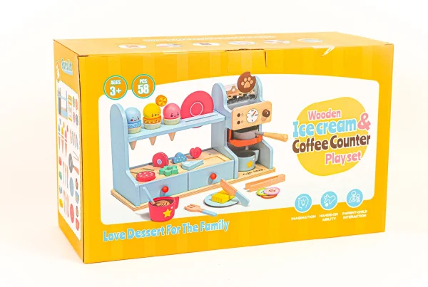 WOODEN ICE CREAM A COFFEE COUNTER PLAY SET_2 Drevená kaviareň a zmrzlináreň 58 dielov
